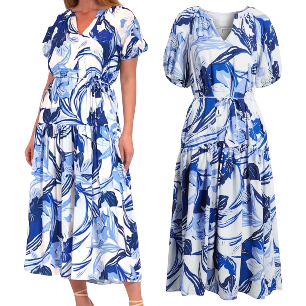 New Julia Jordan Women's Maxi Dress Blue Floral Print Puff Sleeve‎ Size XS
